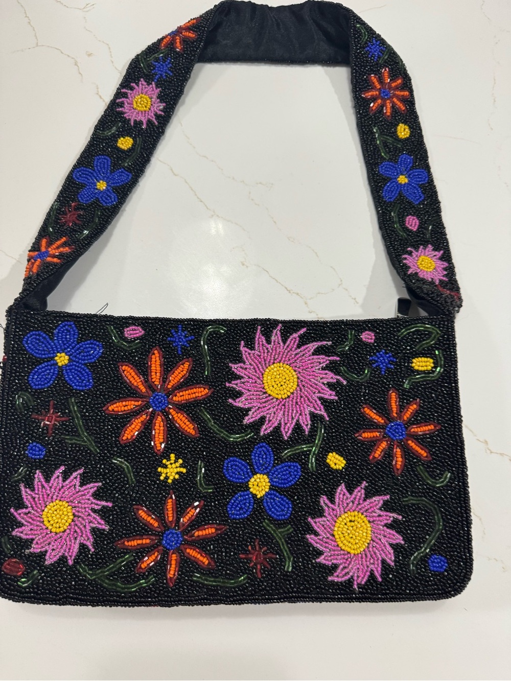 Vintage Black Beaded Floral Shoulder Bag - Multicolor